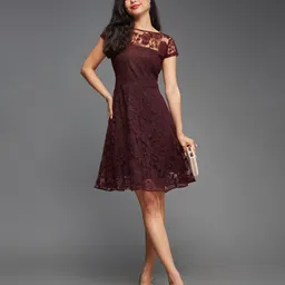 miss chase Women Skater Maroon Knee Length Dress image 1