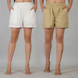 finestitch Pack of 2 Solid Women White, Beige Regular Shorts-picture-29