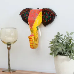 suncity decors Yellow Handcrafted Elephant Sclupture Mango Wood Wall Mask-picture-13