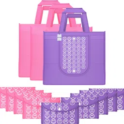 homestic Pack of 12 Smile Foldable Grocery/Shopping Bags For Women | Pink & Purple Pack of 12 Grocery Bags-picture-10