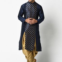 DEYANN Men Navy Blue & Gold-Toned Printed Kurta with Dhoti Pants-picture-26