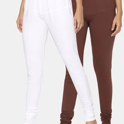 TSG Bliss Women Pack Of 2 White & Brown Solid Churidar-Length Leggings-image-95