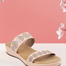 Mochi Women Beige Wedge Sandals with Laser Cuts-picture-13