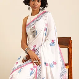 Taavi Floral Pure Cotton Hand Block Print Saree-image-96