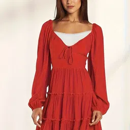 Outzidr Women Red Boho Tie-up Neck Tiered Dress-picture-10