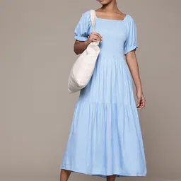 Roadster Puff Sleeves Smocked Fit & Flare Midi Dress-image-3
