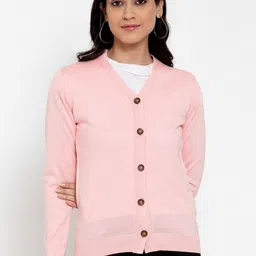 Kalt Women Acrylic Pink Solid Cardigan Sweater-picture-34