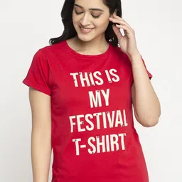 DOOR74 Women Red Printed Round Neck T-shirt-image-63