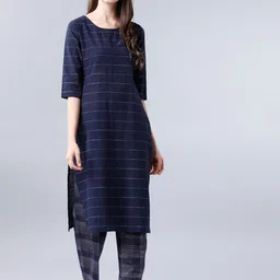 Vishudh Women Navy Blue & Off-White Striped Straight Kurta-picture-38