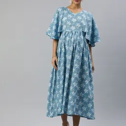 Swishchick Floral Print Gathered Flared Sleeve Maternity Fit & Flare Midi Dress image 1