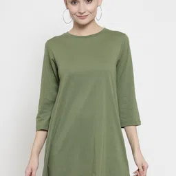 Kalt Women Green Solid Round Neck Longline T-shirt-image-30
