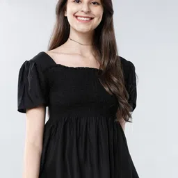 Tokyo Talkies Women Black Solid Smocked Peplum Top-image-96