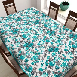 SWAYAM Teal Green Floral Print Rectangular 90" x 60" Cotton Table Cover image 1