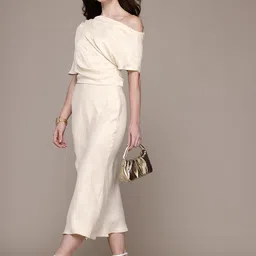 MANGO Draped One-Shoulder Neck Satin Finish Midi Dress-picture-10