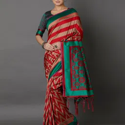 Mitera Red & Beige Silk Blend Printed Saree-picture-38