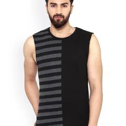 Hypernation Men Black & Grey Striped Slim Fit Sleeveless T-shirt-image-15