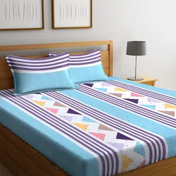 KLOTTHE Blue & Purple Printed 300 TC Cotton Double King Bedsheet With 2 Pillow Covers-image-45
