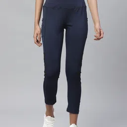 CHKOKKO Women Navy Blue Solid Cropped Yoga Tights-picture-25