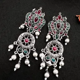 Sangria German Silver-Plated Stones-Studded & Beaded Drop Earrings-picture-23