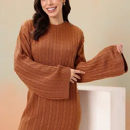 Mast & Harbour Long Sleeves Cable Knit Midi Jumper Dress-picture-35