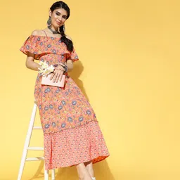 Yufta Women Attractive Peach Floral Swirling Volume Dress-picture-37