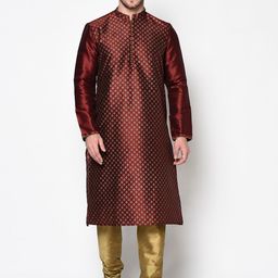 DEYANN Men Maroon & Gold-Toned Solid Kurta with Pyjamas-picture-42