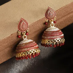 ANIKAS CREATION Maroon & Gold-Toned Dome Shaped Jhumkas-picture-32