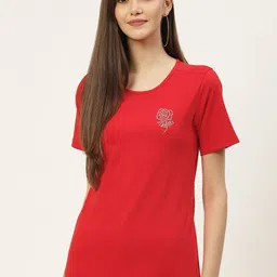 BRINNS Women Red Embellished Pure Cotton T-shirt-image-52
