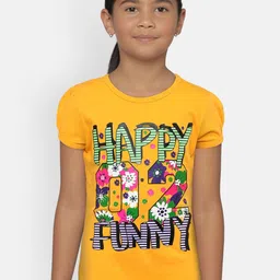 SINI MINI Girls Yellow Printed Round Neck T-shirt-image-68