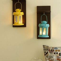 TIED RIBBONS Set of 2 Brown & Blue Wall Shelf With Lantern-picture-30