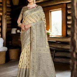 Anouk Cream Colour & Blue Ethnic Motifs Linen Blend Saree-image-89
