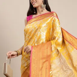 Mitera Yellow Woven Design Zari Tissue Banarasi Saree-image-18