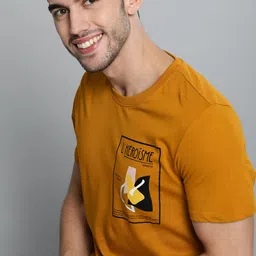 mast & harbour Mast  Harbour Men Mustard Yellow Printed Round Neck Pure Cotton T-shirt-picture-13