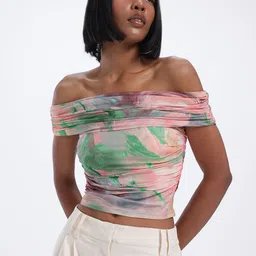glitchez Mesh Moments Printed Ruched Off-Shoulder Crop Top image 5