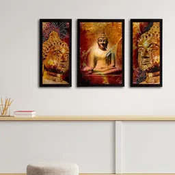 eCraftIndia Set of 3 Brown & Maroon Meditating Lord Buddha Satin Matt Textured UV Wall Paintings image 3