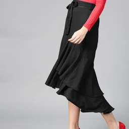 Bitterlime Black Ruffled Layered A-line Skirt image 3