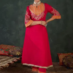 Indo Era Women Floral Embroidered Kurta with Trousers image 2