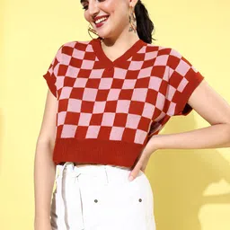 Roadster Women Red & Pink Checked Sweater Vest image 3