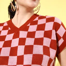Roadster Women Red & Pink Checked Sweater Vest image 4
