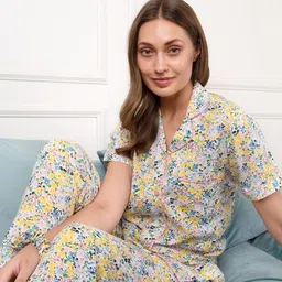 DUSK ATTIRE Women White & Yellow Printed Night suit-picture-12