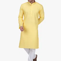 RAJUBHAI HARGOVINDAS Men Yellow & White Solid Kurta with Churidar image 4