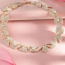 Rubans 18K Gold-Plated Cubic Zirconia Studded Leaf Design Statement Necklace-picture-29
