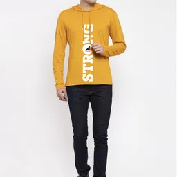 Friskers Men Mustard Printed Hood T-shirt image 3