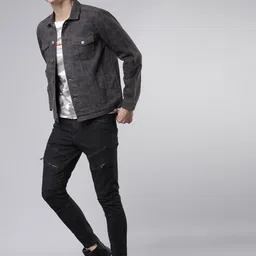 HIGHLANDER Men Charcoal Grey Camouflage Printed Denim Jacket image 5