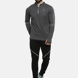 Campus Sutra Men Charcoal Grey Striped Mandarin Collar T-shirt image 2