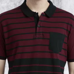 Roadster Men Burgundy  Black Striped Polo Collar Pure Cotton T-shirt image 2