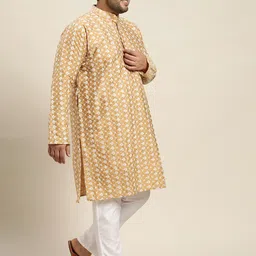 SOJANYA PLUS Men Golden & White Chikankari Embroidered Kurta with Churidar & Nehru Jacket image 3