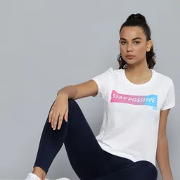 HRX by Hrithik Roshan Women White & Pink Brand Logo Printed Cotton T-shirt image 2