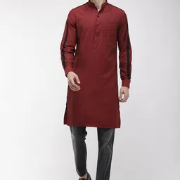 The Indian Garage Co Men Maroon Solid Straight Kurta With Stripe Detail image 2
