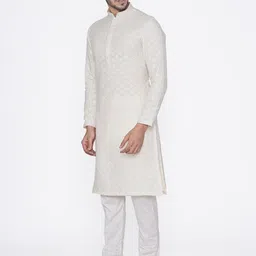 Manyavar Men Off-White Embroidered Kurta with Pyjamas image 4